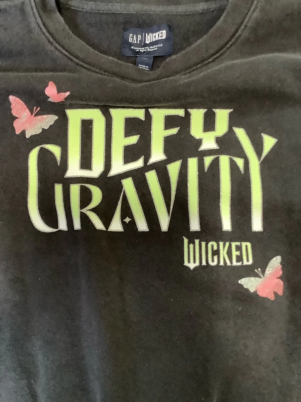 GAP Black Sweatshirt with Lime-Green 'Defy Gravity' Graphic and Pink Butterflies